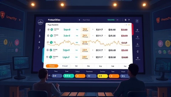 An illustration of a digital screen displaying fluctuating cryptocurrency prices with users making predictions and placing bets.