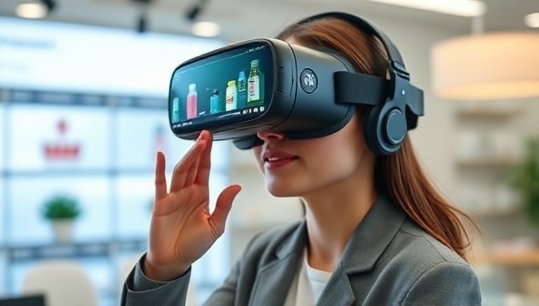 An immersive VR headset displaying pharmaceutical product simulations, with a sales representative engaging with a virtual customer in a professional setting, showcasing the interactive and cutting-edge training experience.