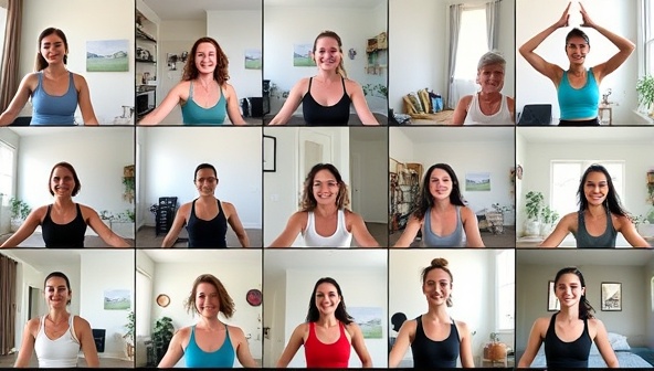 A collage of diverse individuals participating in virtual workout sessions from different locations, showcasing the inclusivity and convenience of FitFlow Virtual.