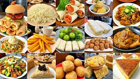 A mouth-watering collage of diverse culinary delights, including street food, gourmet dishes, and artisanal treats arranged in an enticing display, capturing the essence of TastyTrails Adventures' flavorful and immersive foodie tours.