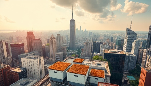 A stunning aerial shot of a bustling cityscape with a close-up of rooftop beehives against the backdrop of skyscrapers and greenery, illustrating the harmonious coexistence of urban life and bee conservation at SkyHive.