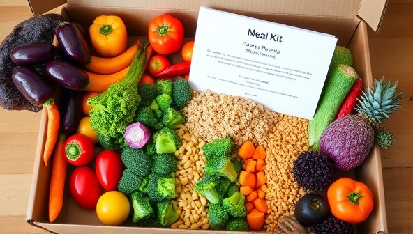 An inviting image of a colorful array of fresh vegetables, grains, and plant-based proteins neatly arranged in a meal kit box, accompanied by a recipe card and cooking instructions, exuding freshness, convenience, and healthful eating.