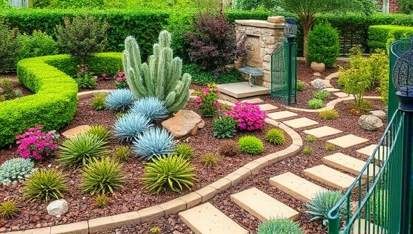 A beautifully landscaped garden featuring drought-resistant plants, efficient irrigation systems, and eco-friendly landscape design elements, surrounded by lush greenery and sustainable garden features, symbolizing water conservation and environmentally friendly outdoor living spaces.