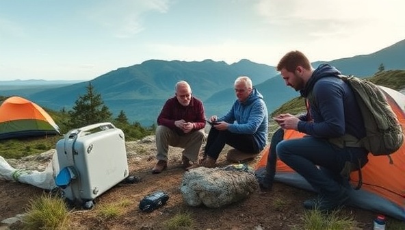An adventurous camping scene with outdoor enthusiasts using HydroPak Adventures hydrogen fuel cells to power portable devices and camping equipment in a scenic wilderness setting, highlighting the convenience and eco-friendliness of the portable power solution for outdoor adventures.
