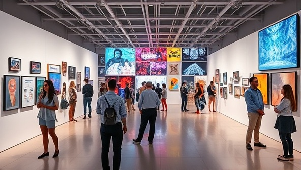 An immersive digital art gallery setting showcasing a diverse collection of contemporary artworks, with virtual attendees exploring the exhibition space, engaging in interactive artist discussions, and admiring the digital art installations, creating a dynamic and captivating virtual art gallery experience.
