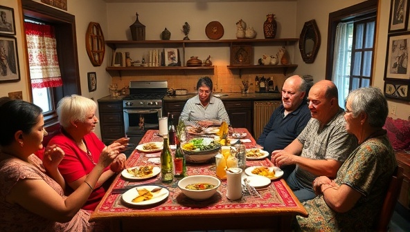 An intimate dining scene with guests and hosts sharing a traditional meal in a warmly decorated homestay kitchen, surrounded by cultural artifacts and vibrant textiles, fostering a sense of connection and cultural immersion through shared experiences.