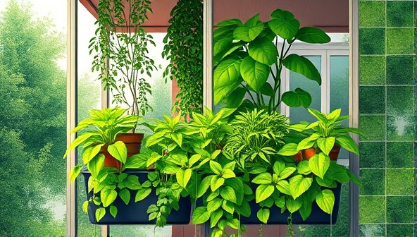 An artistic rendering of a balcony garden filled with lush green plants growing vertically, showcasing the beauty and sustainability of urban vertical farming.