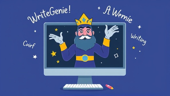 An illustration of a magical genie emerging from a computer screen, surrounded by floating words and a pen, symbolizing the AI-powered writing assistance provided by WriteGenie.