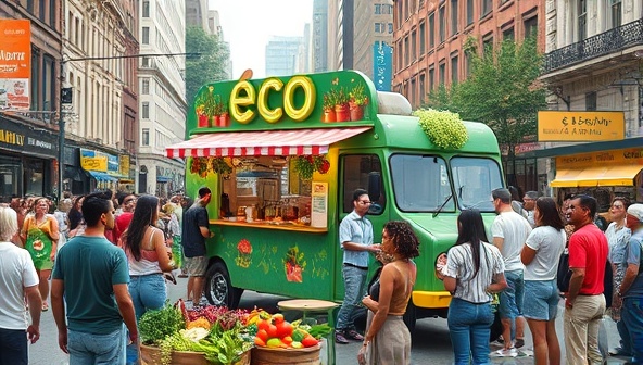An artistic representation of a vibrant and eco-friendly food truck surrounded by a bustling urban street, with colorful plant-based dishes being served to a diverse group of customers, showcasing sustainability and diversity.