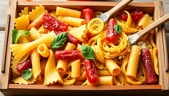 An array of colorful, handcrafted pasta shapes displayed in a rustic wooden crate, garnished with fresh herbs and grated cheese, evoking a sense of Italian culinary tradition and pasta perfection, inviting subscribers to savor gourmet pasta experiences at home.