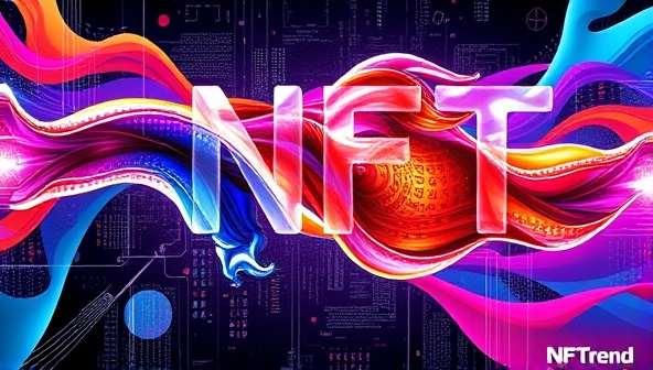 An artistic representation of a digital artwork morphing into a branded NFT collectible, with vibrant colors and dynamic patterns, symbolizing the fusion of art, technology, and branding in the NFTrend agency's offerings.