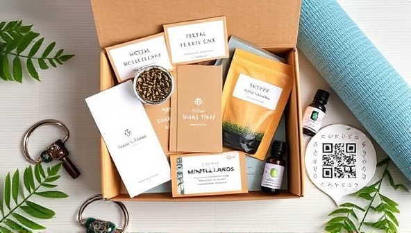 An aesthetically pleasing flat lay of a virtual wellness subscription box, featuring a variety of wellness products and resources, including a yoga mat, herbal tea blends, essential oils, mindfulness cards, and a digital QR code for accessing virtual wellness workshops, creating a visually appealing and enticing image that captures the essence of WellNest Delivered's virtual wellness subscription service.