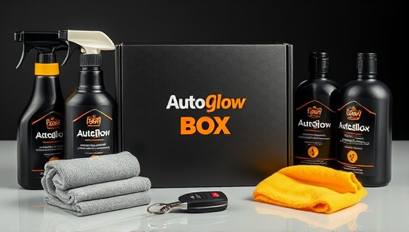 An elegant black box with the AutoGlow Box logo, surrounded by various car care products like wax bottles, microfiber cloths, and a shiny car key, conveying luxury and quality in car maintenance.