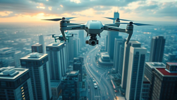 A futuristic cityscape with drones flying overhead, delivering packages to various locations, showcasing the efficiency and speed of autonomous drone deliveries.