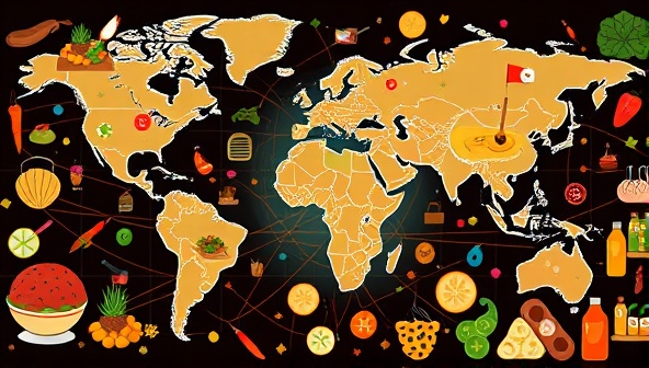 An artistic visual representation of a virtual global food exchange showcasing diverse cuisines, cultural symbols, and a network of interconnected users sharing and trading food specialties across continents, embodying the spirit of culinary diversity and global connections.