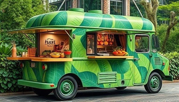 A vibrant food truck wrapped in green leaves and eco-friendly motifs, serving a colorful array of plant-based dishes with a backdrop of a lush, green environment, evoking freshness and sustainability.