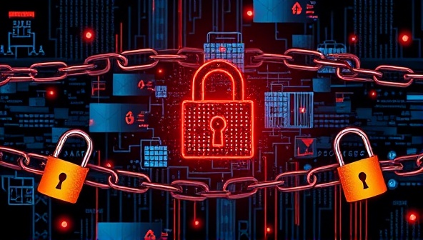 An artistic representation of digital designs being securely encrypted and stored on a blockchain, with chains and padlocks symbolizing the protection and security provided by BlockProtect in safeguarding creative works from unauthorized use or theft.