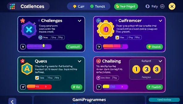 An interactive game interface displaying coding challenges and quests with colorful visuals, progress bars, and achievement badges, creating a gamified learning environment that motivates and engages aspiring programmers in their coding journey.