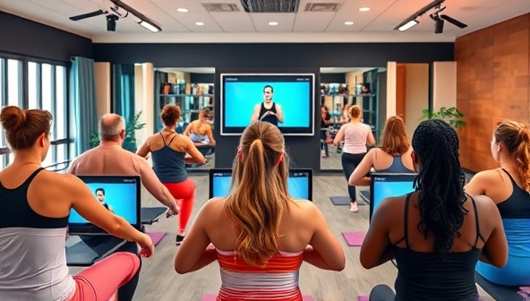 A vibrant virtual fitness class scene with diverse participants following a trainer's instructions on their screens, showcasing energy, motivation, and inclusivity.