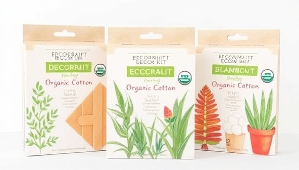 A set of beautifully packaged DIY home decor kits featuring natural materials like recycled paper, bamboo, and organic cotton, accompanied by vibrant plant illustrations, highlighting the eco-friendly and creative essence of EcoCraft Kits.