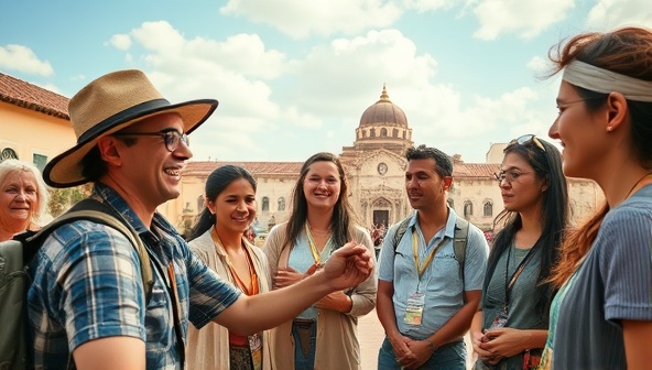 An immersive and picturesque scene capturing a local guide sharing a unique experience or story with a group of curious travelers, set against the backdrop of a vibrant and culturally rich destination, evoking the essence of LocaShare's platform for authentic local experiences.