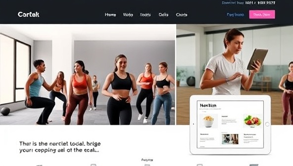 A sleek and modern website interface showcasing virtual workout sessions with a diverse group of people, a virtual coach leading a workout, and a nutrition guide displayed on a tablet, emphasizing convenience and inclusivity.