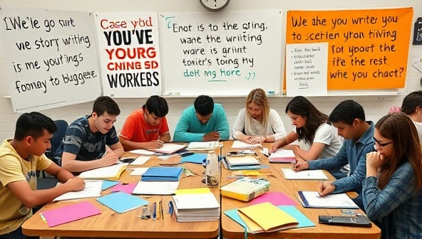 A vibrant workshop setting with teenagers actively engaged in writing activities, surrounded by colorful writing materials, inspiring quotes, and collaborative storytelling elements, reflecting a dynamic and creative learning environment for young writers.