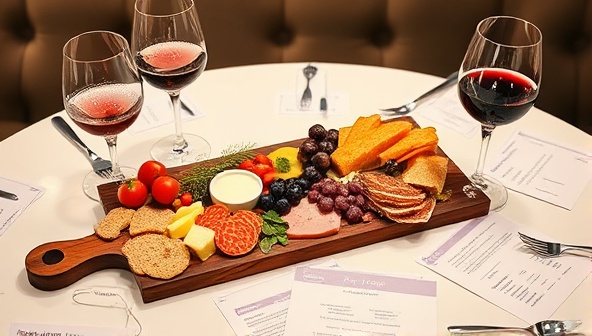 An elegant setup with a beautifully arranged charcuterie board, wine glasses, and tasting notes displayed on a chic table, evoking a sophisticated and luxurious ambiance for a virtual food tasting experience.