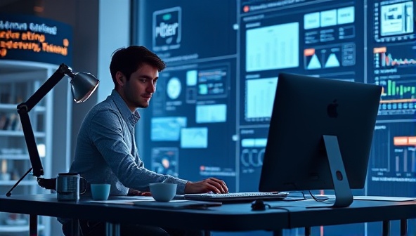 An artistic visualization of a web designer collaborating with a futuristic AI assistant, analyzing user data and design trends to dynamically adjust website elements and layouts, showcasing the adaptive and personalized capabilities of AdaptiWeb AI.