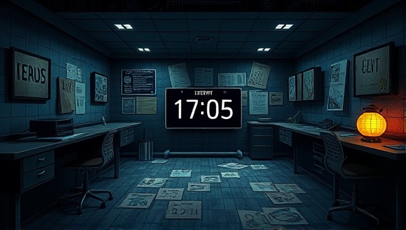 An online platform interface showing a digital escape room with various clues, puzzles, and a countdown timer, creating an immersive and thrilling experience for players.