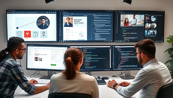 A team of designers and developers collaborating on a web design project in a virtual workspace, with multiple screens displaying design elements, code snippets, and communication channels, illustrating seamless teamwork and creativity in action.
