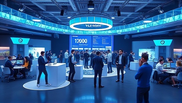 An animated virtual event setup with avatars networking in a digital space, interactive booths, and engaging keynote sessions, depicting a futuristic and interactive event experience.