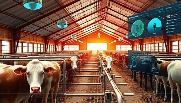 An innovative visualization of a smart barn equipped with AI sensors and cameras, monitoring livestock activity and health parameters in real-time, with data analytics displayed on a digital dashboard, showcasing the future of precision farming.