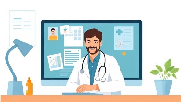 An illustrative graphic showing a virtual doctor-patient consultation on a computer screen, with medical charts and prescription details visible, highlighting the convenience and efficiency of online medical services.