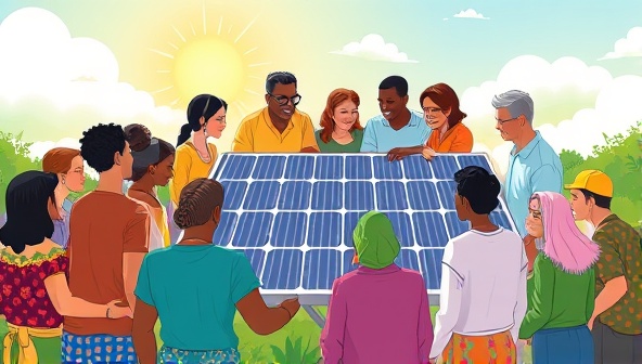 An illustration of a diverse group of community members gathered around a solar panel installation, symbolizing unity and cooperation in sustainable energy initiatives, with a background of a bright and sunny day reflecting clean energy generation.