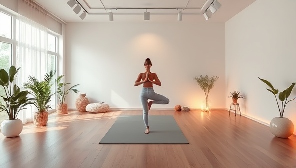A serene and tranquil virtual yoga studio setup with calming decor, soft lighting, and a virtual instructor guiding a yoga class, evoking a sense of peace and relaxation.