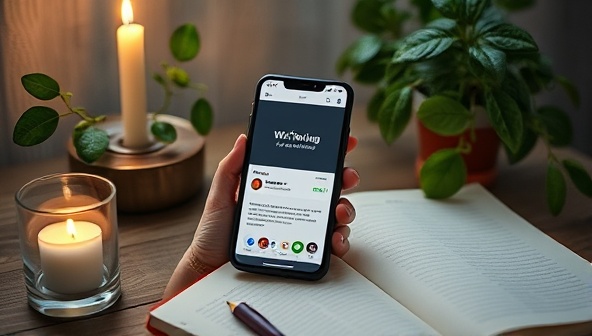 An artistic depiction of a serene writing environment with a mobile phone displaying the app interface, surrounded by soft candlelight, a cozy journal, and a lush green plant, creating a harmonious blend of technology and mindfulness for writers.