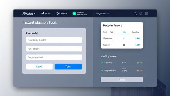A sleek and modern property valuation tool interface displaying a user entering property details and receiving an instant valuation report, with AI algorithms working in the background to analyze data and generate accurate estimates, showcasing the efficiency and convenience of AIValuate.