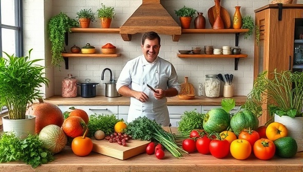 A cozy kitchen setting with a chef conducting a virtual cooking class, surrounded by fresh herbs, colorful vegetables, and artisanal ingredients sourced from local farms, creating a vibrant and inviting atmosphere for a farm-to-table culinary experience.
