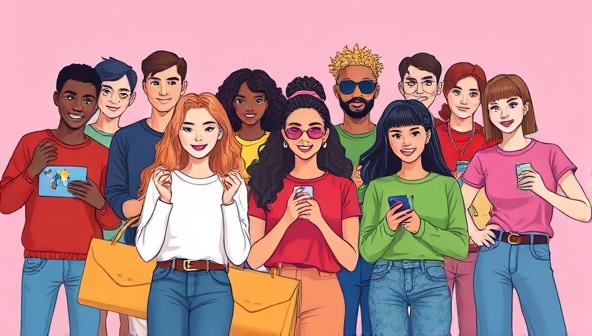 An illustration of a diverse group of influencers showcasing their customized merchandise, with vibrant colors and trendy designs, creating a sense of community and style.