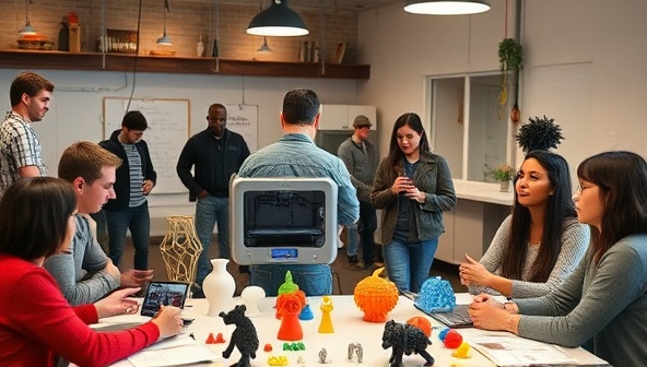 An engaging workshop setting with a 3D printer in action, surrounded by a variety of custom-printed objects and a group of diverse individuals discussing design ideas, emphasizing creativity and hands-on innovation.