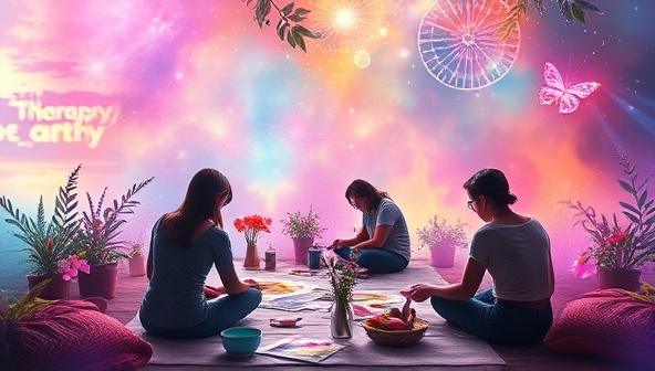 An ethereal digital space filled with vibrant colors and artistic expressions, showcasing individuals immersed in therapeutic art creation, surrounded by calming nature elements and inspirational quotes, evoking a sense of healing and self-discovery through art.
