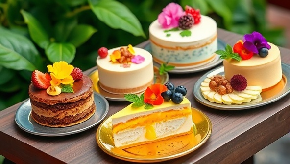 A vibrant and inviting image of a selection of beautifully plated plant-based desserts, adorned with fresh fruits and edible flowers, set against a backdrop of lush greenery, conveying a sense of health, indulgence, and natural ingredients.
