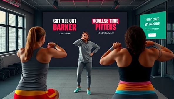An energetic and dynamic virtual workout session featuring a coach leading a group of participants through a high-intensity exercise routine, with motivational quotes and fitness trackers displayed on the screen, inspiring a sense of empowerment and achievement.