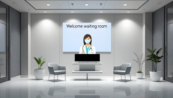 An elegant and sophisticated virtual waiting room interface with a virtual assistant welcoming a patient for a telemedicine consultation, featuring a minimalist design with healthcare symbols and calming colors, conveying professionalism and convenience.