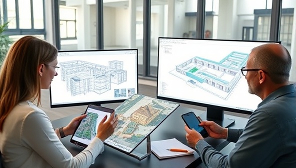 An architectural team collaborating on a BIM project using digital design software, with interactive 3D models on computer screens, tablets, and smartphones, illustrating the seamless integration and efficiency of BIM Mastermind's consulting services in modern architectural workflows.
