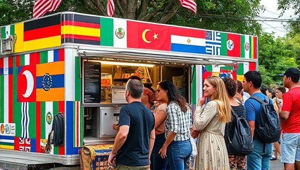 A colorful food truck adorned with vibrant flags from around the world, serving up fusion dishes with a line of diverse customers eagerly waiting to try the unique culinary creations, capturing the essence of cultural fusion and culinary adventure.