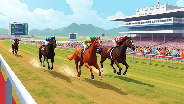 An illustration of a virtual horse racing event on the RaceTrack Virtual platform, featuring lifelike horse animations, dynamic race commentary, and enthusiastic spectators, capturing the excitement and realism of virtual horse racing betting.