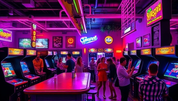 An energetic and colorful retro gaming lounge with neon lights, vintage arcade cabinets, a bar serving themed cocktails, and a lively crowd of gamers enjoying classic gaming sessions and socializing in a vibrant and nostalgic setting.