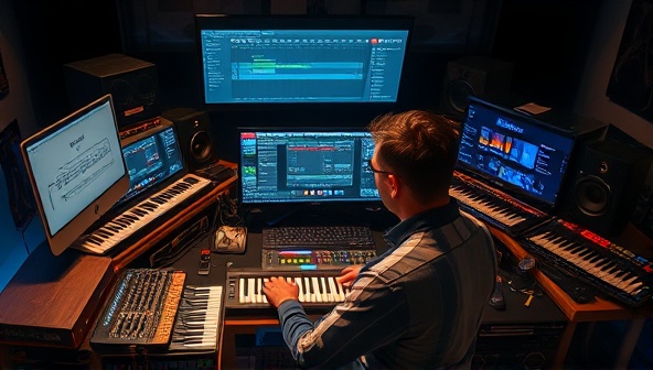 An artist composing music on a virtual interface, surrounded by digital instruments and sound mixing tools, capturing the creative and collaborative essence of MelodyForge's online music composition studio.